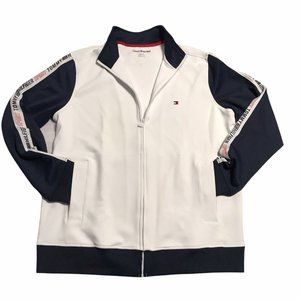 Tommy Hilfiger Mens Full Zip Mock Neck Sweater Size L Tall White Navy Stretch
